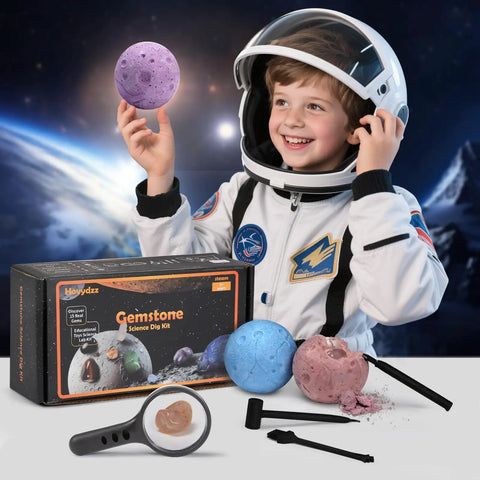 Child in astronaut costume with Totally Awesome Gemstones Dig Kit For Kids Real Gem Excavation Adventure, box and tools shown.