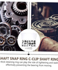 Close-up of 225 Piece Carbon Steel C Shape Retaining Ring Kit External Snap Rings with shafts and storage case.