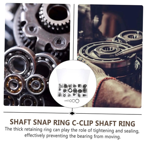 Close-up of 225 Piece Carbon Steel C Shape Retaining Ring Kit External Snap Rings with shafts and storage case.