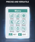 Paint Thickness Gauge With Automatic Detection And 0.01μm Resolution For Ferrous And Nonferrous Coatings On Metal Surfaces, Wide Coating Compatibility, Fast Digital Readout, Durable Handy Tool For Pros. Menu screen with data, stat, lang, and reset icons