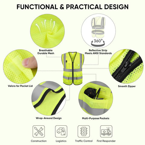 High Visibility Reflective Safety Vest Class II Mesh Unisex Fit Breathable Yellow Vest With Zipper Velcro Pockets ANSI Certified
