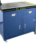 Heavy Duty Rolling Tap Machine Workbench Built Like A Tank With Smooth Universal Wheels And Handy Drawer Storage, blue with measurements