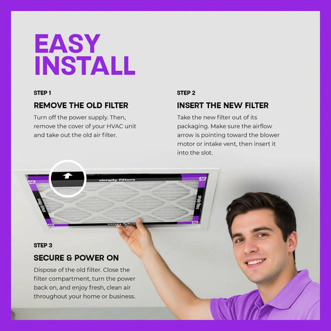 Man installing 14x18x1 Air Filter With MERV 13 For Your HVAC System Pleated Design, easy installation guide visible