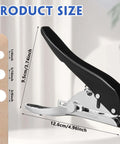 Three Pack Heavy Duty Handheld Hole Puncher Set with size chart showing 1/4, 5/16, and 3/8 inch holes for paper, card, and plastic.