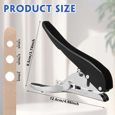 Three Pack Heavy Duty Handheld Hole Puncher Set with size chart showing 1/4, 5/16, and 3/8 inch holes for paper, card, and plastic.