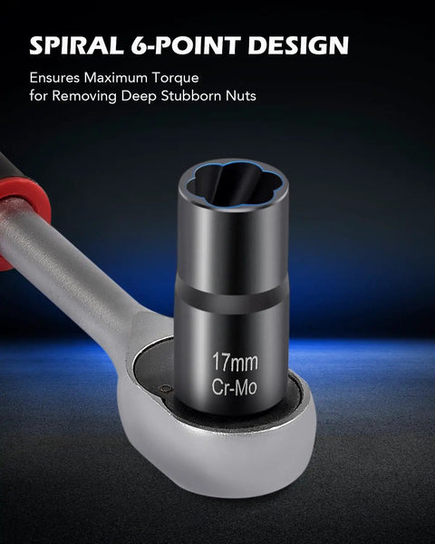 Close-up of a 17mm twist socket from One Half Inch Drive Nut And Bolt Extractor Set With Twist Sockets For Stripped Lug Nuts And Rounded Bolts