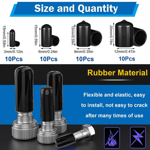 40 Piece Rubber End Cap Set In Black Vinyl Four Sizes 0.125 Inch 0.25 Inch 0.375 Inch And 0.5 Inch Round Tip Caps shown in different sizes and uses.