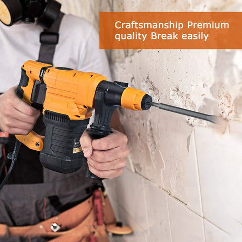 Person using Heavy Duty 1-1/4 Inch SDS-Plus Rotary Hammer Drill With 12.5 Amp Motor Four Functions on tiled wall