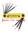 Nine Hex Keys Allen Wrench Set With Secure Bolt And Nut Assembly for archery gear shown with size measurements