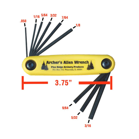 Nine Hex Keys Allen Wrench Set With Secure Bolt And Nut Assembly for archery gear shown with size measurements