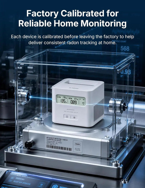 Smart WiFi Radon Detector For Home With Instant App Alerts And Continuous Daily Trend Tracking To Keep Indoor Air Crisp And Your Place Hella Safe All Year Long in factory calibration setup.