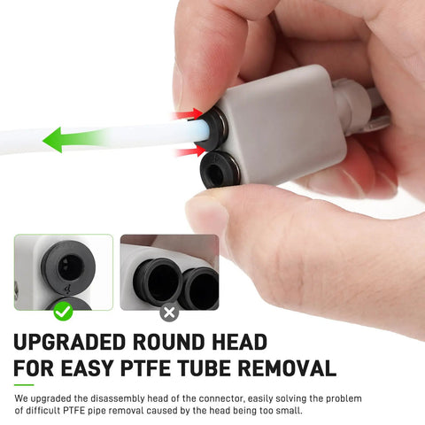 Detachable 2 In 1 PTFE Adapter For Bambu Lab A1 A1 Mini 3D Printers showing upgraded round head for easy PTFE tube removal.