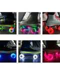 Quad Roller Skate Wheels 4 Pack with Light Up RGB Bearings for Double Row Skating on different surfaces and shoe styles.