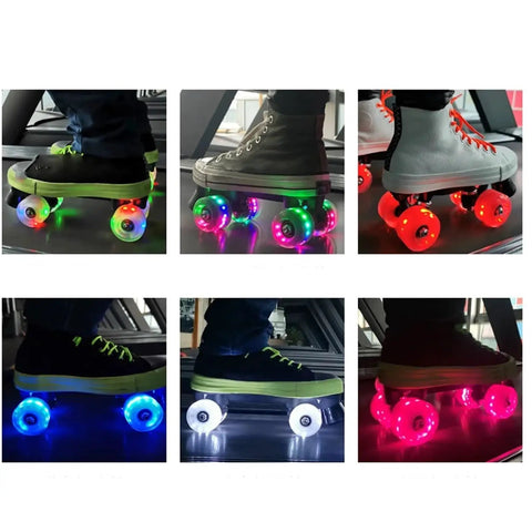 Quad Roller Skate Wheels 4 Pack with Light Up RGB Bearings for Double Row Skating on different surfaces and shoe styles.
