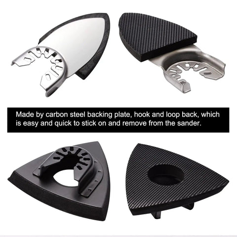 All-In-One Oscillating Tool Sanding Pads Kit With Triangle And Finger Pads showcasing carbon steel backing plate