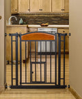 Walk Through Pet Gate With Cherry Wood Accents And Black Finish, Sturdy Metal Frame, Expands From 30.5 To 33.5 Inches, 30 Inch Tall