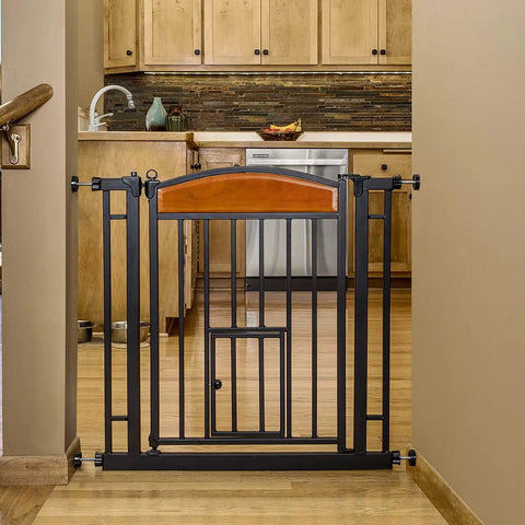 Walk Through Pet Gate With Cherry Wood Accents And Black Finish, Sturdy Metal Frame, Expands From 30.5 To 33.5 Inches, 30 Inch Tall