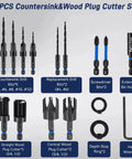 Boss Quality 17 Piece Countersink Drill Bit Set With Hex Shank Wood Plug Cutters Screwdriver Bits And Extension Shaft layout.