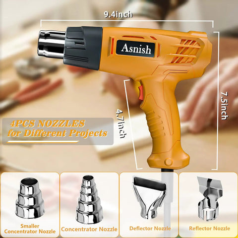 Heavy Duty 1850W Hot Air Gun Kit With Dual Temperature 572 To 932 F, including four different nozzles for various projects.