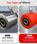 Heavy Duty Industrial Machinery Movers Featuring 180 Degree Rotating Skates and Smooth Flexible Steering for Zero Sweat Equipment Relocation On Warehouse Floors Or Shop Areas, showcasing steel and polyurethane wheels.