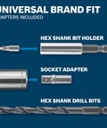 65-Piece Drilling And Driving Mixed Set with hex shank bit holder, socket adapter, hex shank drill bits on blue background.