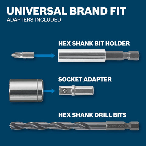 65-Piece Drilling And Driving Mixed Set with hex shank bit holder, socket adapter, hex shank drill bits on blue background.
