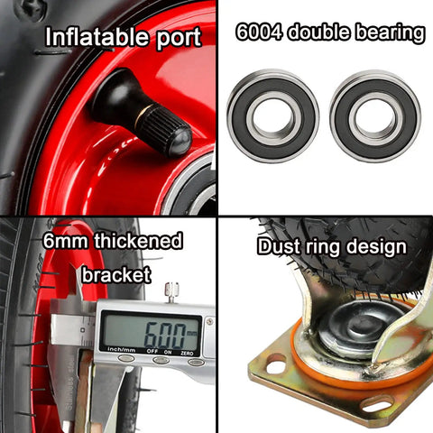 Features of Dead Simple Heavy Duty Vacuum Air Caster Wheels: inflatable port, 6004 double bearings, 6mm thickened bracket, dust ring design.