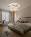Bedroom with Dimmable LED Three-Ring Chandelier, Crystal Accents, Stainless Steel, Adjustable Ceiling Fixture, Modern Design