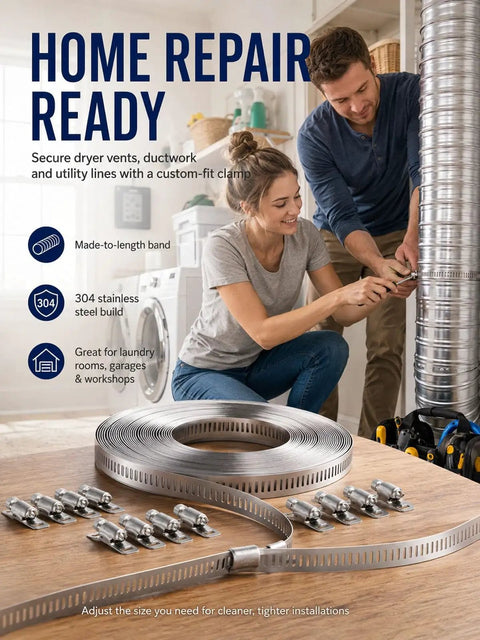 Get That Custom Cut Hose Clamp Kit You Need By The Foot With This Awesome Stainless Steel Worm Gear Roll For All Your Home Repair Projects Made From Tough 304 Metal To Fit Any Pipe Size. home repair clamp roll on dryer vent, 304 stainless steel, with fasteners