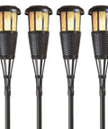4 Pack Solar Powered Flickering Flame Outdoor Island Torches With Realistic Dancing Flame LED Safety Lighting No Oil Mess Easy Set Up Dark Chocolate And Black Finish with four torches shown side by side