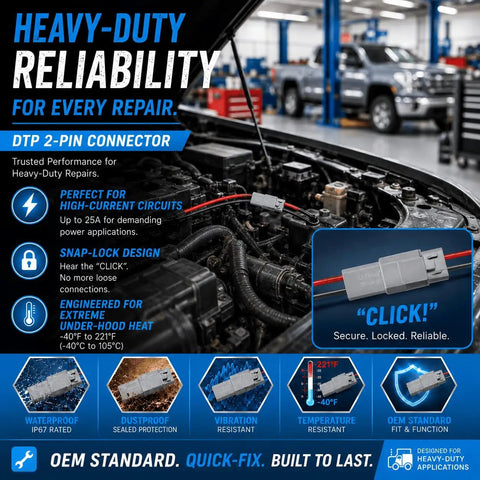 Waterproof 25A Deutsch DTP Connector Kit Size 12, 2 Pin shown in engine bay, highlighting durability and reliability for repairs.