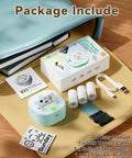 Bluetooth Sticker Printer Mini Portable Sticker Maker With 3 Roll Paper Inkless Thermal Printing For iPhone Notes And Journals DIY Crafts And Kids Gift On The Go shown with accessories on a table including 3 rolls of sticker paper, a USB Type-C cable, and user manual.