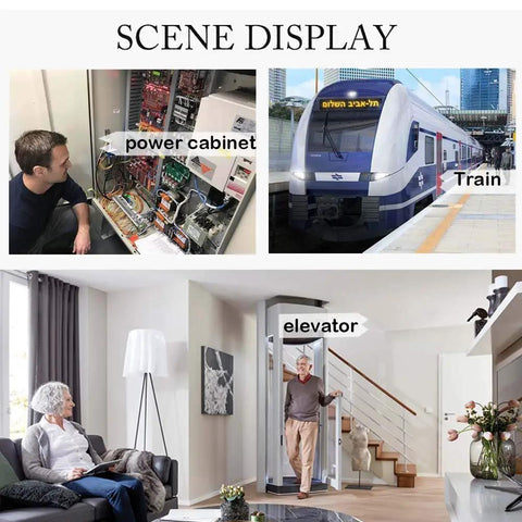 Scene display showing uses of the 8mm Triangle Socket Spanner Key Set in power cabinets, trains, and elevators.