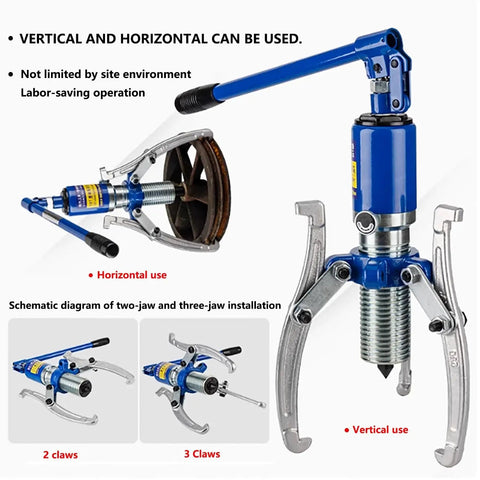Heavy Duty Hydraulic Gear Puller 10 Ton 22000 Lbs Capacity Rock Solid Carbon Steel Build demonstrating horizontal and vertical use.