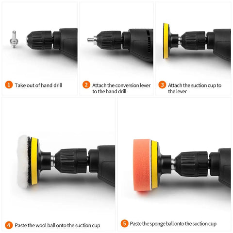 Pro Grade Car Foam Drill Polishing Pad Kit 22 Piece with sponge and wool pads on drill for auto detailing