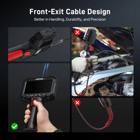 Beast Pro Grade Two Way Articulating Borescope With Light 1080P Endoscope Camera Flexible Probe And 5 Inch IPS Screen IP67 Waterproof 5 Foot Cable For Auto Aircraft And Industrial Inspections front-exit cable design in use