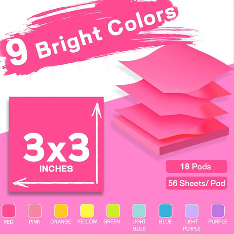 Burst Of Color Sticky Notes Refills 3x3 Pop Up Pads With 9 Bright Colors, Strong Adhesive Memo Pads For Home Office