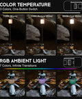 Telescoping Camping Light With Stand, Powerhouse 12000mAh Rechargeable Lantern showing color temperatures and RGB ambient light