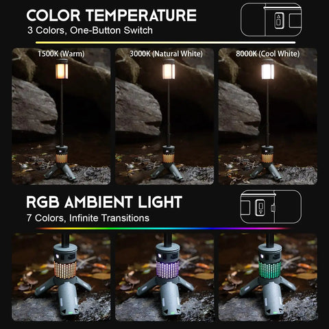 Telescoping Camping Light With Stand, Powerhouse 12000mAh Rechargeable Lantern showing color temperatures and RGB ambient light