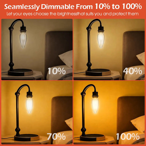 Table lamp with dimmable frosted torpedo tip B11 chandelier bulb, 40W equivalent, showing various brightness levels.