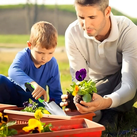 Child using Heavy Duty Cast Aluminum Garden Hand Shovel And Trowel For Planting Transplanting Weeding And Digging Soil with adult guidance