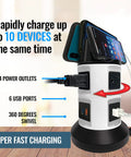 Spin Power Tower Surge Protector with 4 outlets, 6 USB ports, charging phones on built-in shelf, 40-inch retractable cord visible