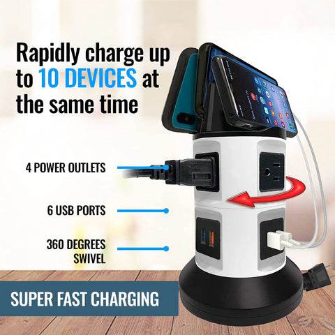 Spin Power Tower Surge Protector with 4 outlets, 6 USB ports, charging phones on built-in shelf, 40-inch retractable cord visible