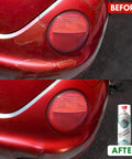 Rear red car bumper before/after using ERA Paints 2K High Gloss Clear Coat spray can.