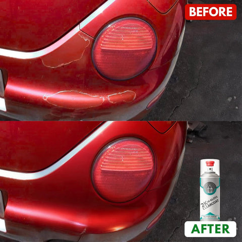 Rear red car bumper before/after using ERA Paints 2K High Gloss Clear Coat spray can.
