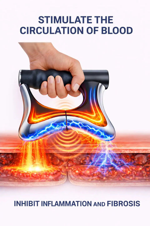 Motorized Heated Muscle Scraper Tool For Fascia Release And Full Body Contouring with visual effects of heat, vibration, microcurrent