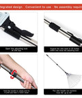 Collage of Adjustable Metal Garden Rake With Telescoping Handle 32 To 63 Inch Dethatching And Leaf Collection Tool For Lawns, showing handle lock, extension, and open rake view.