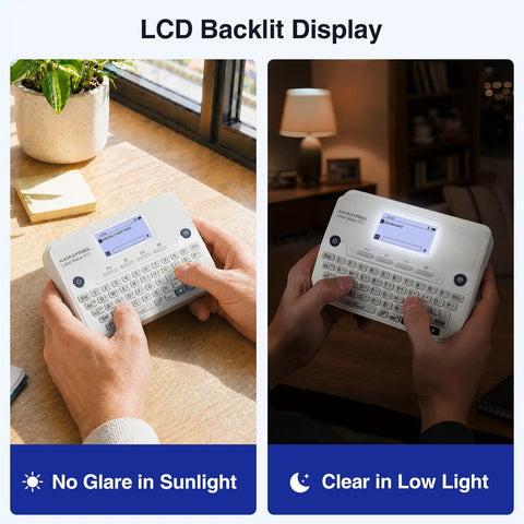 Sweet Setup Wireless Label Maker With Fast Typing Keyboard And Bluetooth Paired Smart App For Dang Easy Pantry Sorting And Crisp Desk Organization Comes Loaded With Four Reliable Tape Rolls, LCD display under sunlight and low light.