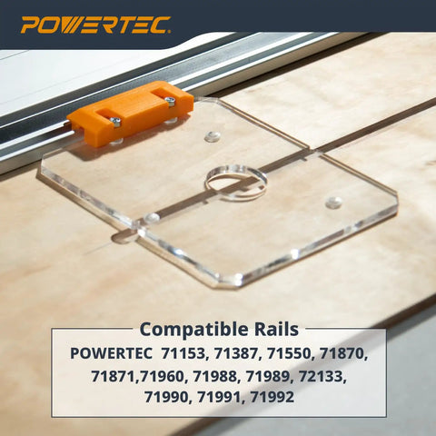 Top Tier Router Guide Rail Adapter For Bosch 1617 Plunge Router With Track Saw Compatibility, clear acrylic with orange clamp.