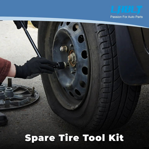 Beefy Heavy Duty Spare Tire Tool Kit Lug Wrench Replacement for Ram 2500 3500 2007-2015 in use on a vehicle tire